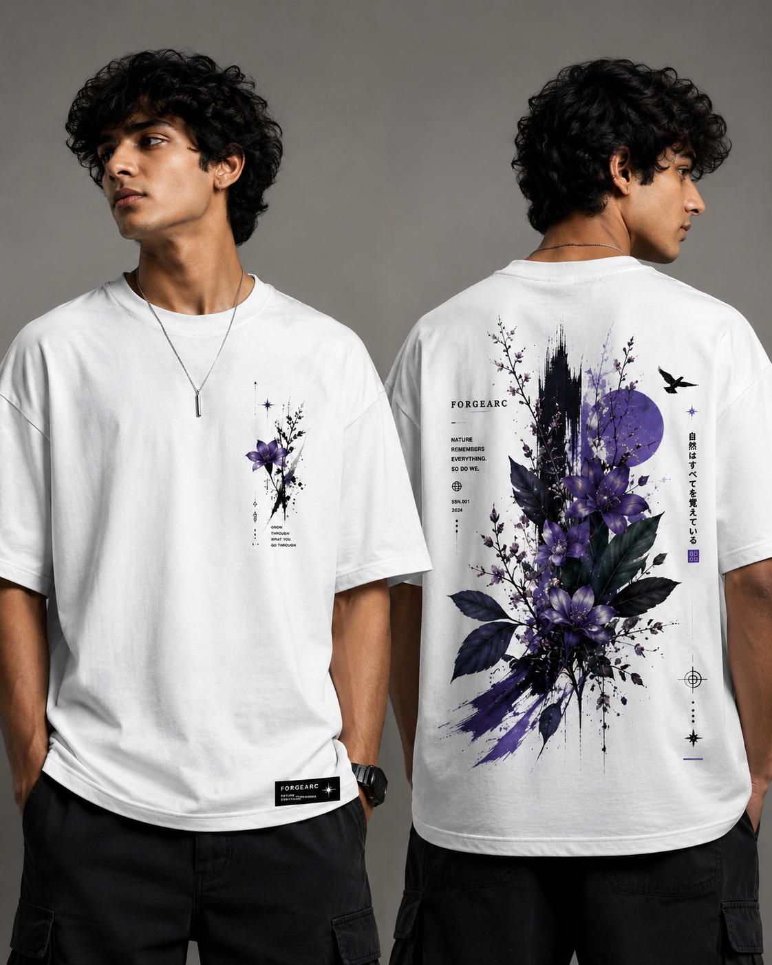 Nature Bloom Purple Graphic Oversized T-Shirt