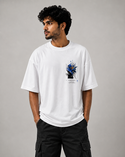 Nature Remembers Oversized Blue Botanical Graphic T-Shirt – 200 GSM