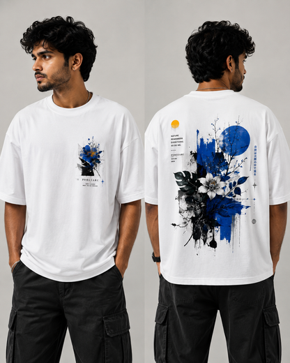Nature Remembers Oversized Blue Botanical Graphic T-Shirt – 200 GSM