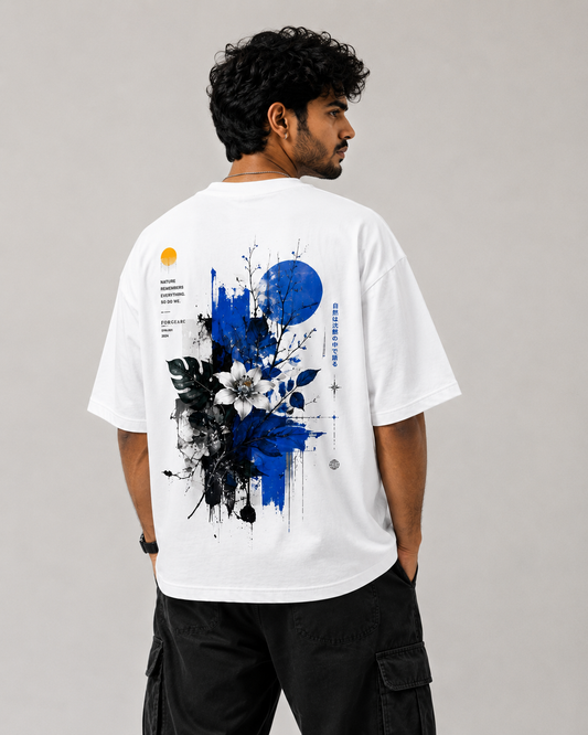 Nature Remembers Oversized Blue Botanical Graphic T-Shirt – 200 GSM